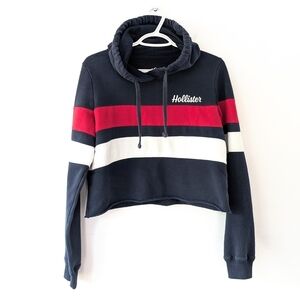 Hollister Women's Navy and Red Striped Hoodie